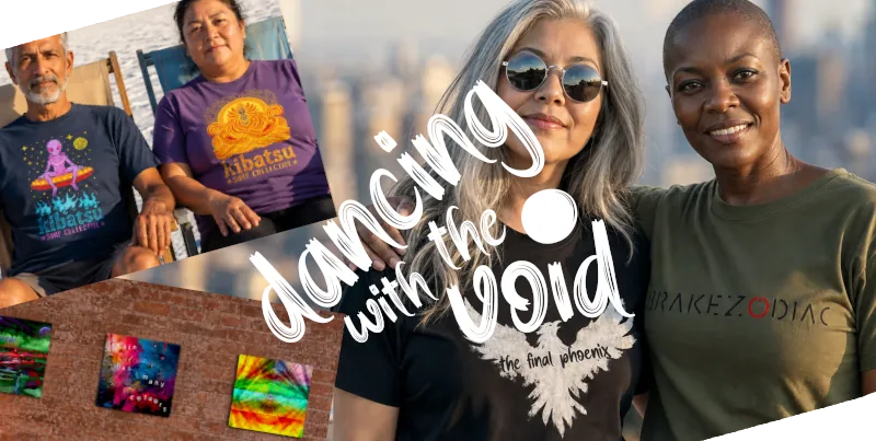 A composite image showing people of mixed backgrounds wearing apparel from the Kizatazik Dancing with the Void store
